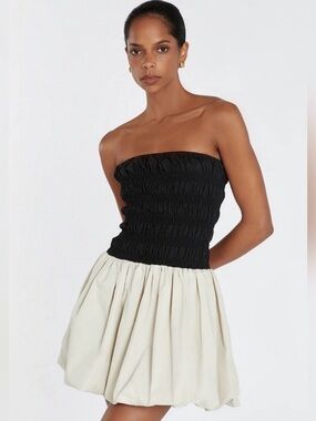 DISSH Black & Cream Strapless Mini Dress With Smocked Top Bubble Beige Skirt 4